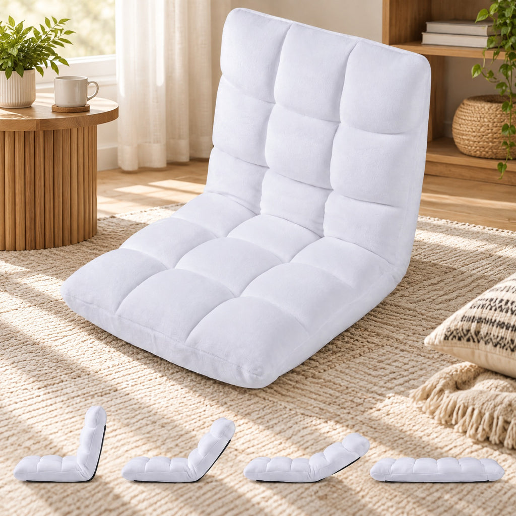 AIRFIND Floor Chair with 14-Position Adjustable Backrest, Padded Seat and Steel Frame, Lay-Flat Lounge Seat for Reading and Gaming, White