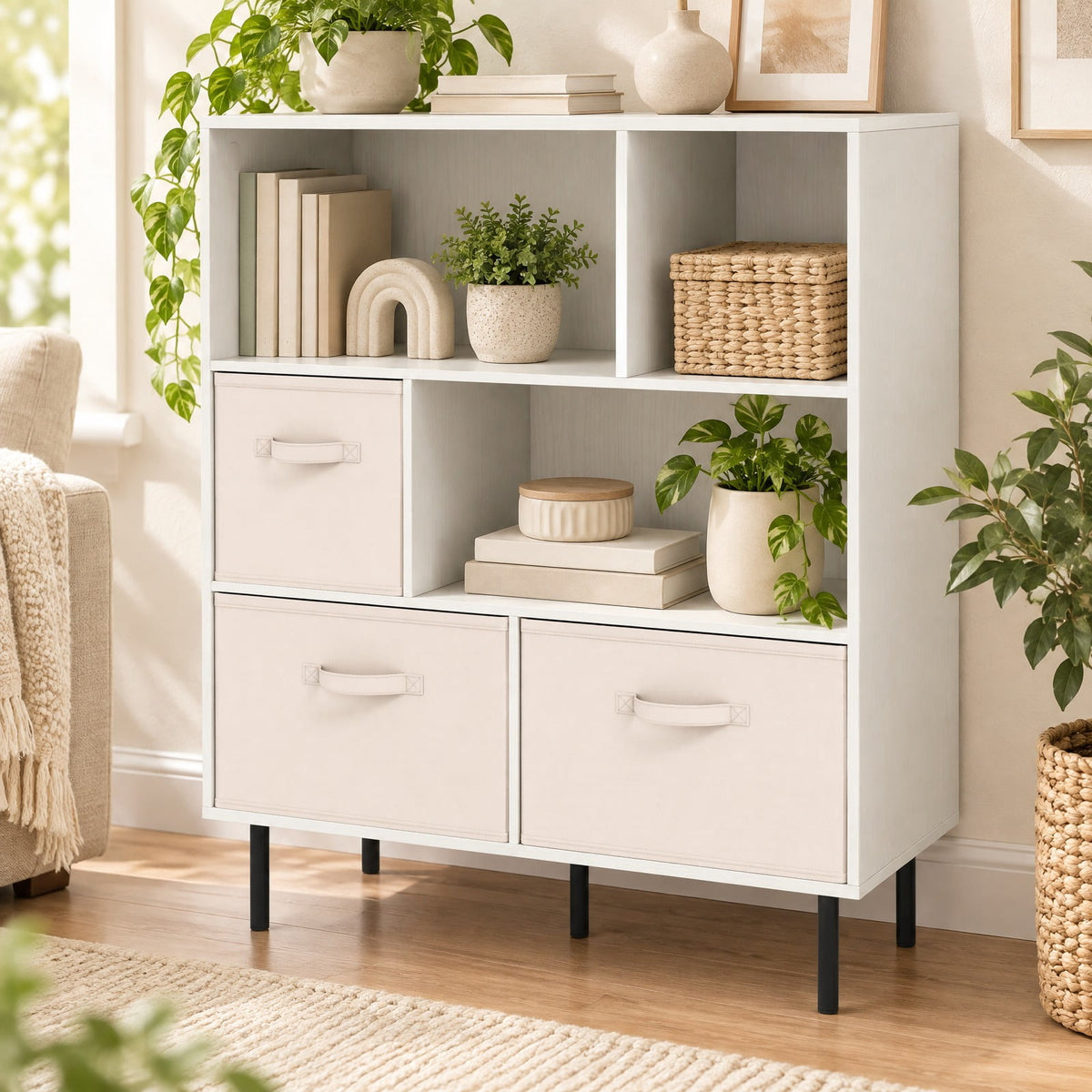 Airfind 6-Cube Bookshelf with 3 Removable Folding Fabric Drawers for Living Room, 330 lbs Capacity, Metal Engineered Wood Frame, Brown