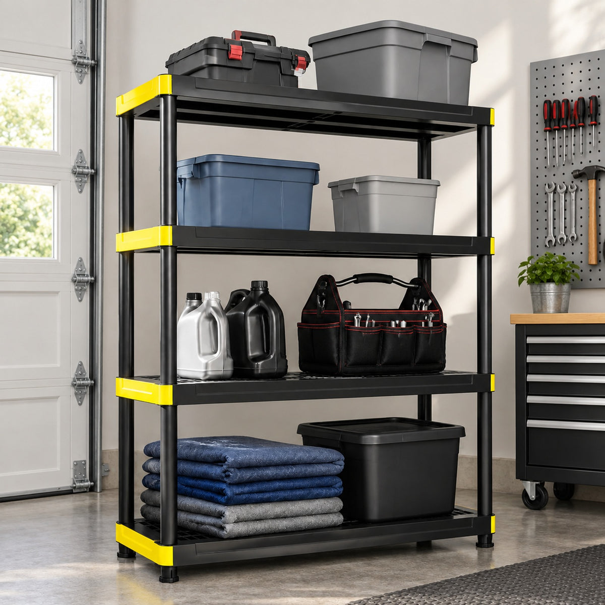 Airfind 4-Tier Plastic Storage Shelf Heavy-Duty Utility Rack Freestanding Storage Rack, PP Frame, 47.5in x 17.5in x 55.5in Footprint, Black