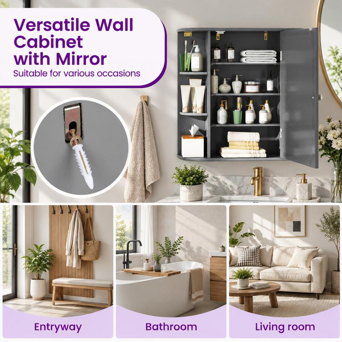 Airfind Multipurpose Mount Wall Surface Bathroom Storage Cabinet with Mirror, 44 lbs Capacity, MDF Frame, Gray