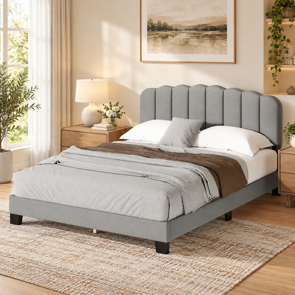 Airfind Queen Size Bed Frame with Adjustable Scalloped Tufted Headboard, 770 lbs Capacity, 84 x 61.5 x 40-44 Footprint, Gray + Black