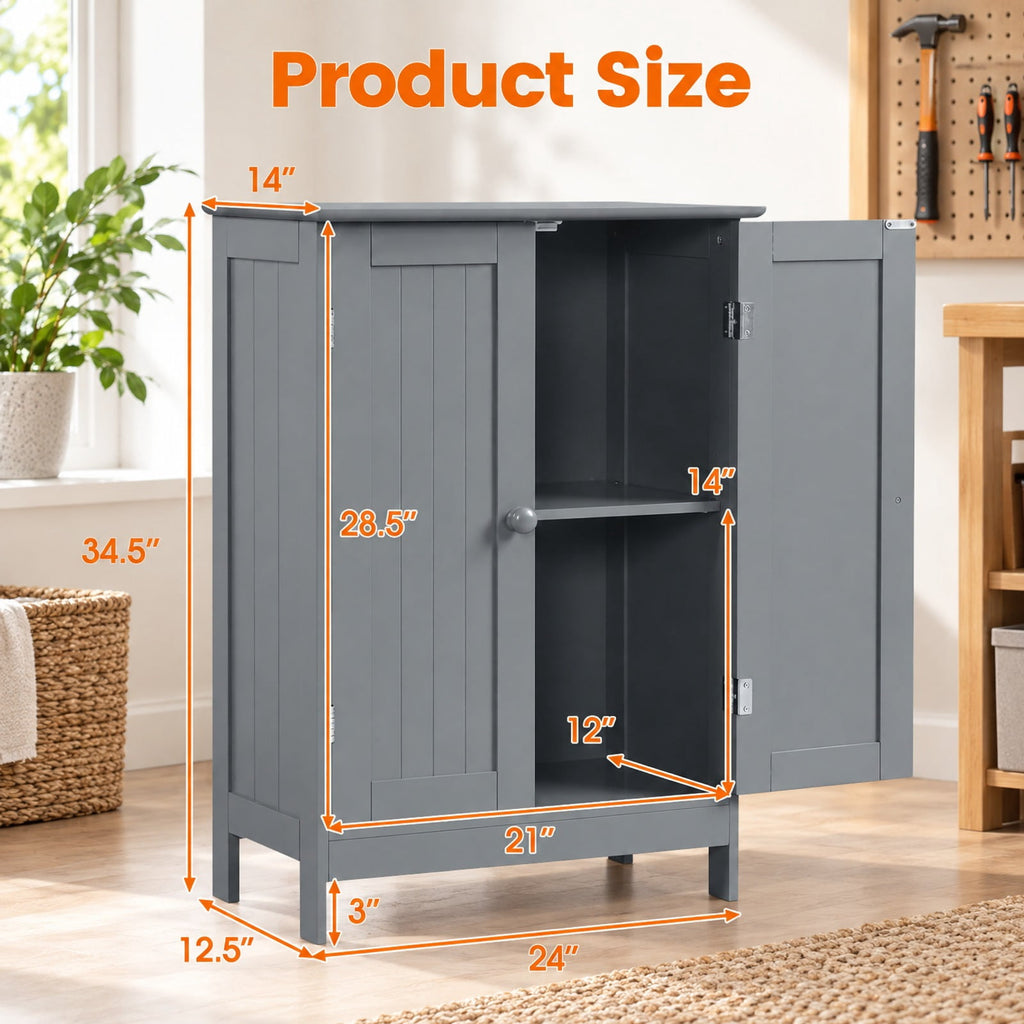 Airfind Bathroom Floor Storage Double Door Cupboard Cabinet, 22 lbs Capacity, MDF Frame, 24in x 14in x 34.5in Footprint, Gray