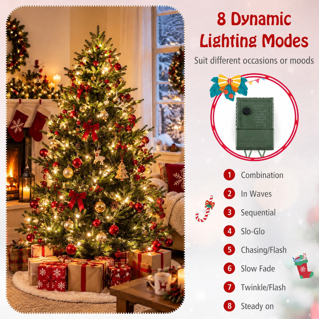 Airfind Pre-lit Artificial Christmas Tree 8 Ft featuring 1480 PVC and PE Branch Tips, Hinged Sections and Metal Stand for Everyday Home Use, Green