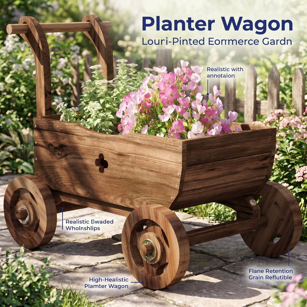 Airfind Decorative Wooden Wagon Cart with Handle Wheels and Drainage Hole, 44 lbs Capacity, Fir Wood Frame, 27 x 15 x 21 Footprint, Brown