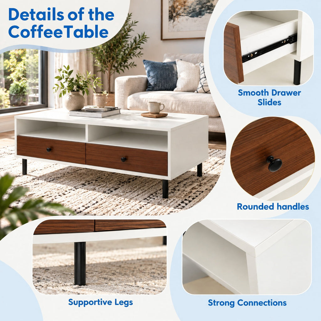 Airfind 2 Tier 40 Inch Length Modern Rectangle Coffee Table with Storage Shelf and Drawers, 200 lbs Capacity, Engineered Wood MDF Frame, White