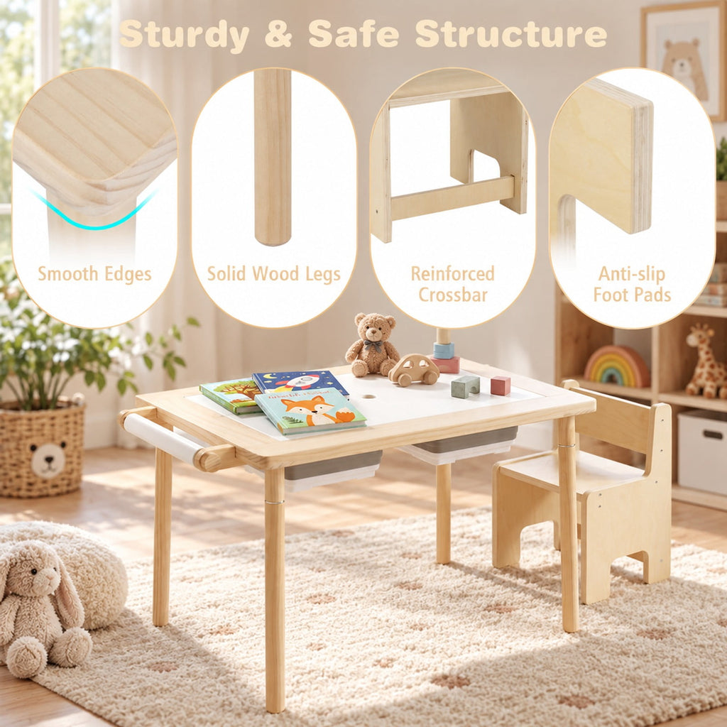 Airfind Kids Sensory Table Set with Adjustable Height and 2 Storage Bins, 165 lbs Capacity, Pine Wood Plywood Engineered Wood Frame, Natural