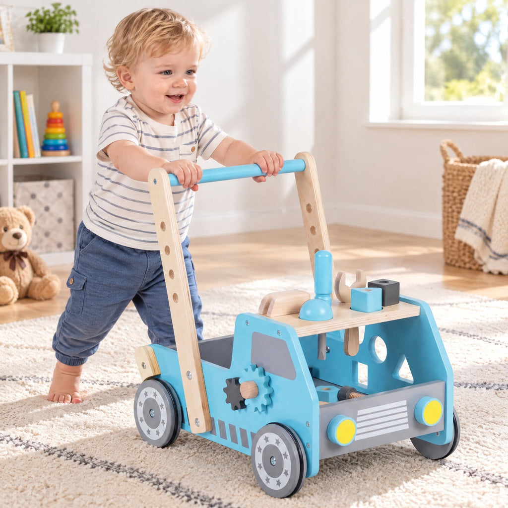 Airfind 2-in-1 Wooden Baby Walker with Adjustable Speed and Bottom Storage, MDF Frame, for 3+ Years Old, 16in x 12.5in x 16.5in Footprint, Blue