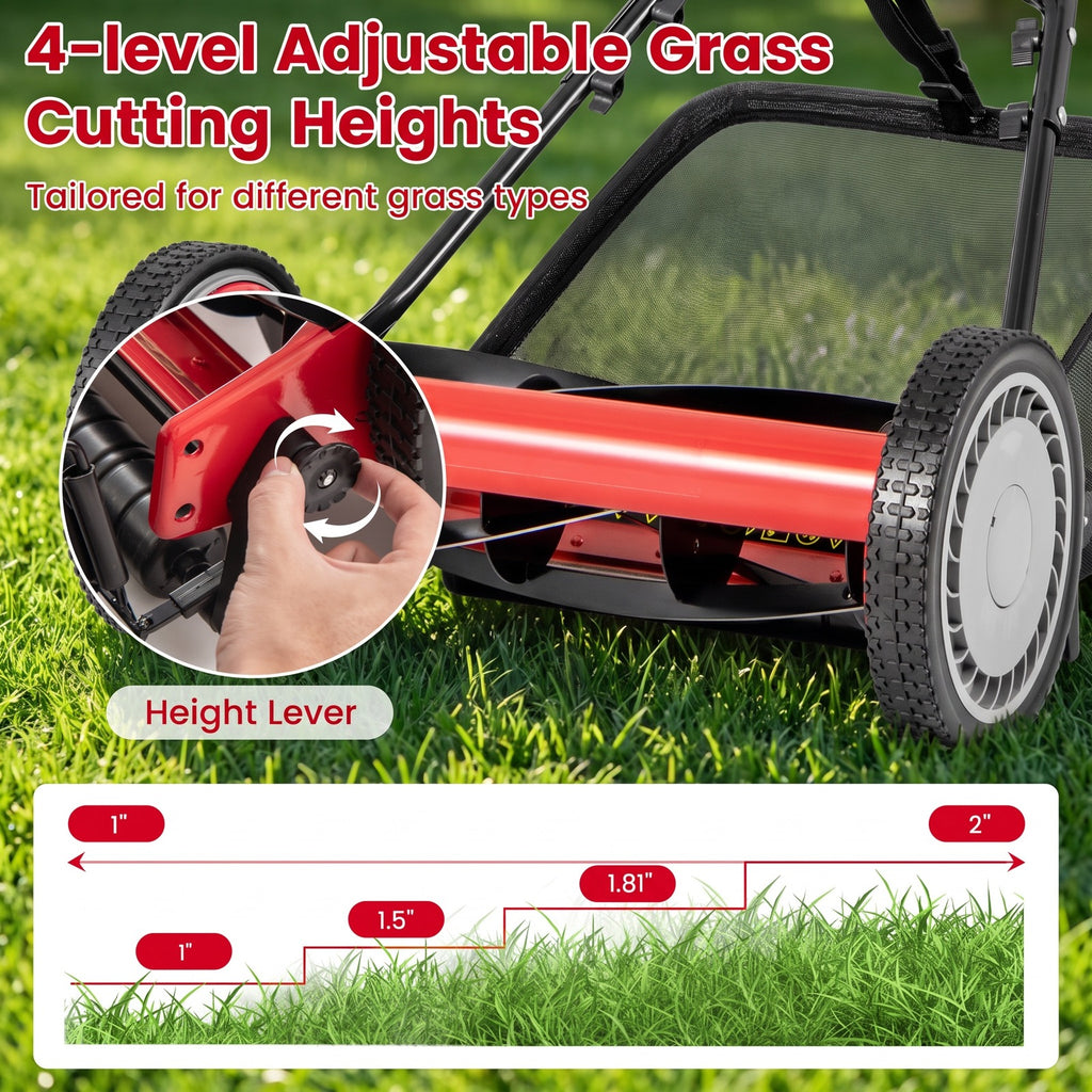 Airfind 16 Inch Push Lawn Mower with 5 Steel Blades and Grass Catcher Bag, Manganese Steel Metal PVC PP Frame, Red