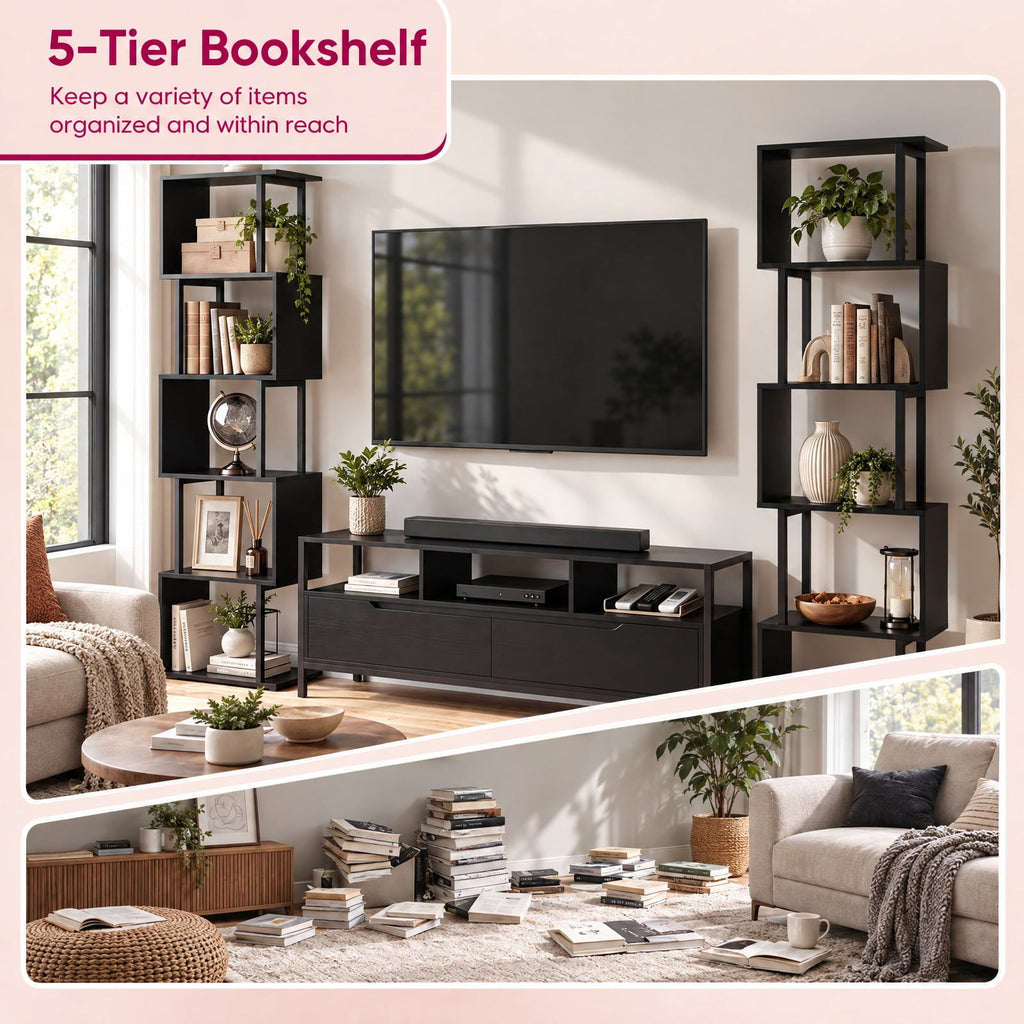 Airfind 5-Tier S-Shaped Bookshelf w/ Open Cubes Anti-toppling Kits for Living Room, 22 lbs Capacity, Engineered Wood Frame, Black
