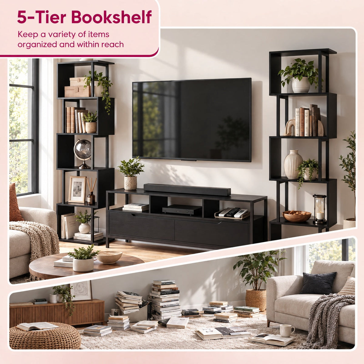 Airfind 5-Tier S-Shaped Bookshelf w/ Open Cubes Anti-toppling Kits for Living Room, 22 lbs Capacity, Engineered Wood Frame, Black