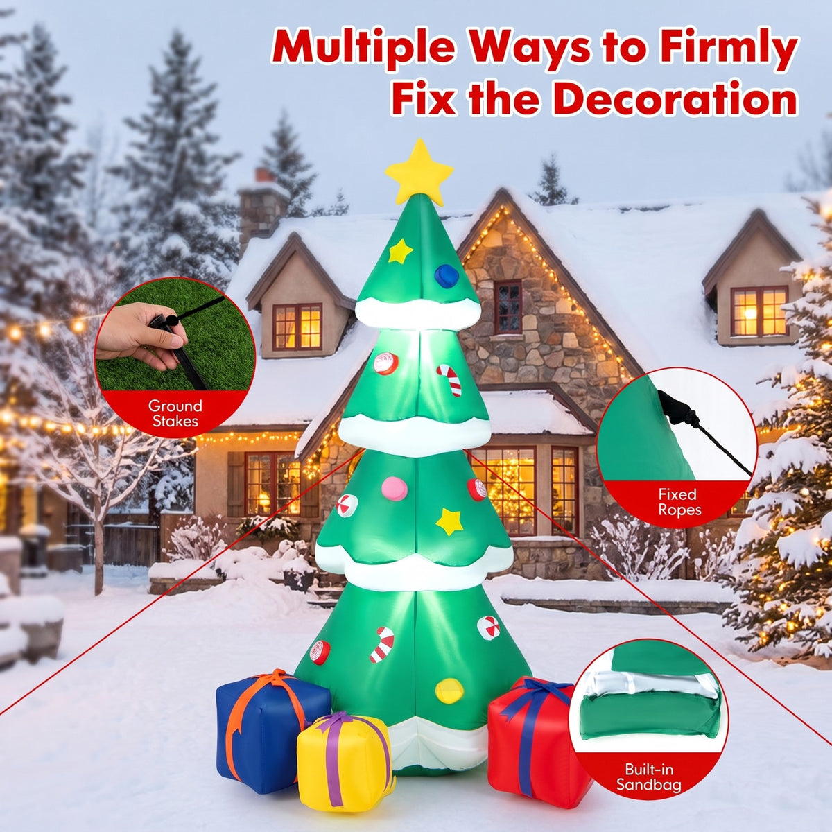Airfind 6 Feet Tall Blow up Christmas Tree with 3 Gift Boxes, Polyester fabric Frame, 2.5ft x 2.3ft x 6ft Footprint, Multicolored