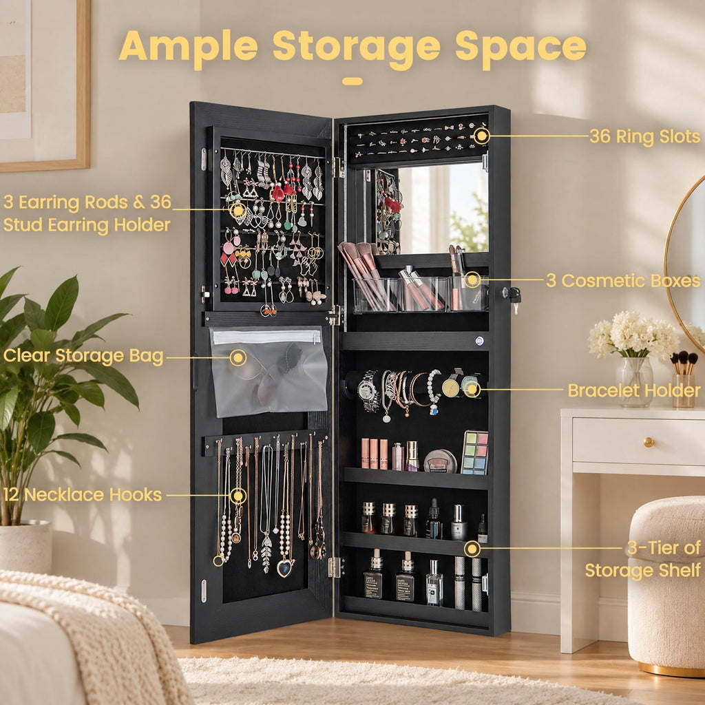 Airfind 42.5 Inches Lockable Jewelry Mirror Wall Cabinet with 3-Color LED Lights, MDF Frame, 15 x 4 x 42.5 Hook Footprint, Black