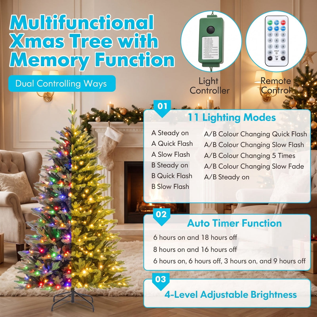 Airfind 6 Feet Artificial Xmas Tree Hinged with 11 Lighting Modes and Remote Control-6 ft, Green, Diameter of Stand 18/20/22