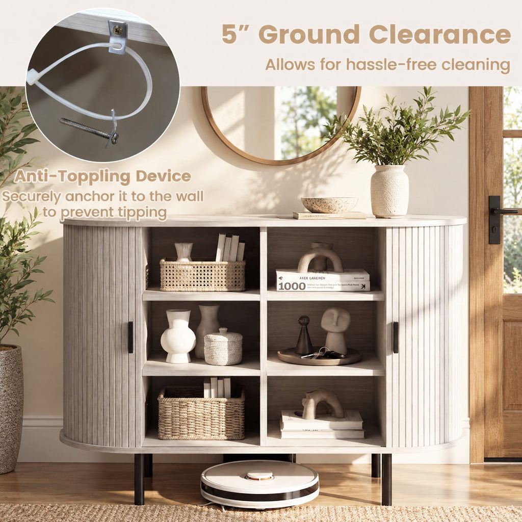Airfind 47 Inch Fluted Sideboard Buffet Cabinet with Tambour Sliding Doors and Metal Legs, Engineered Wood MDF Metal Plastic Frame, Grey
