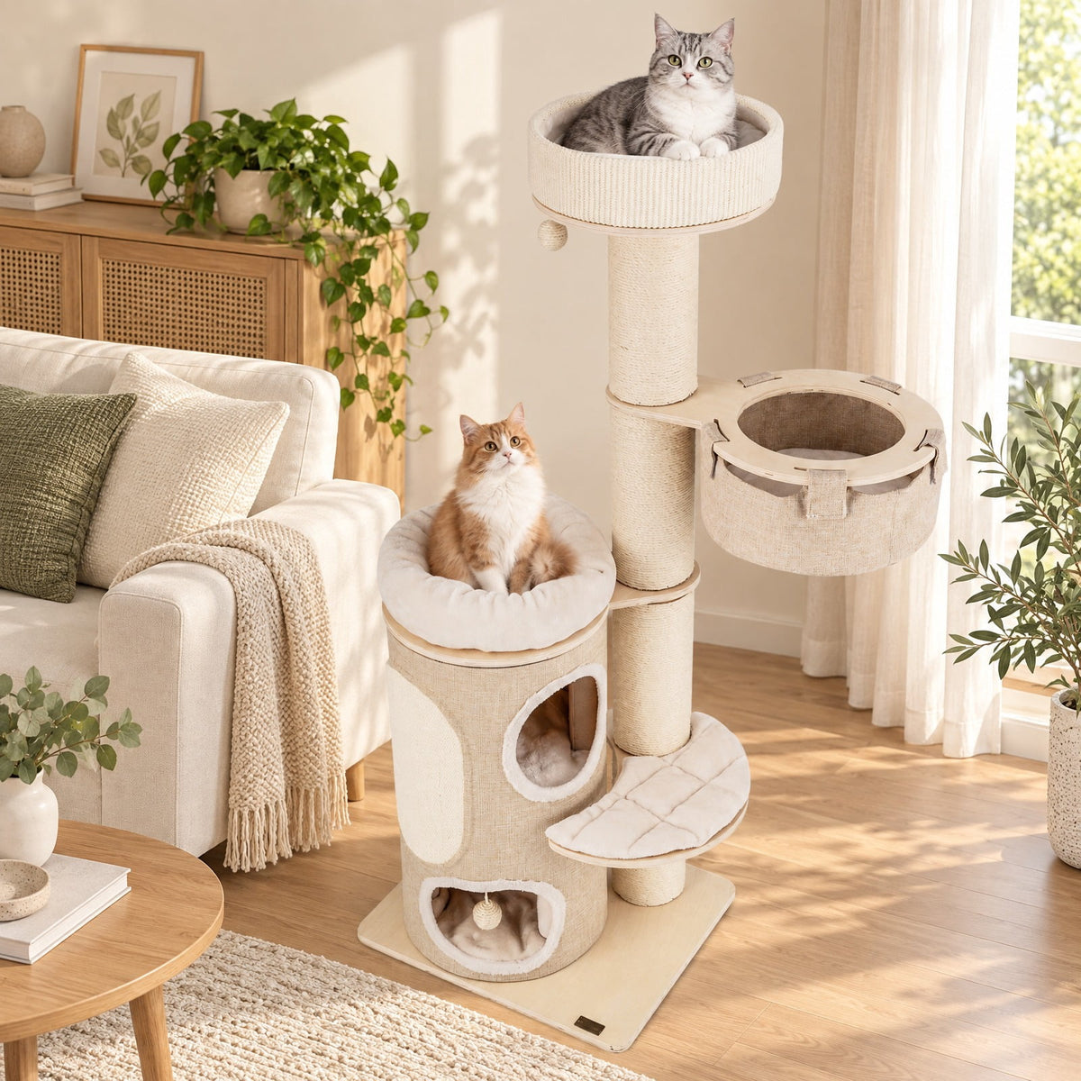 Airfind 61 Inches Cat Tree for Indoor Cats with 2-stoery Condo and Top Perch, 33 lbs Capacity, Natural