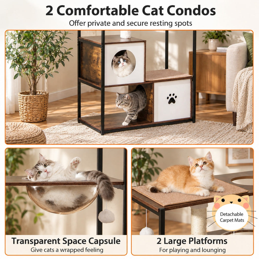 Airfind 52 Inch Tall Wooden Cat Tree Metal Frame with 2 Condos and Cushions, 33 lbs Capacity, 32 x 17.5 x 52 (L x W x H) Bottom Condo Footprint