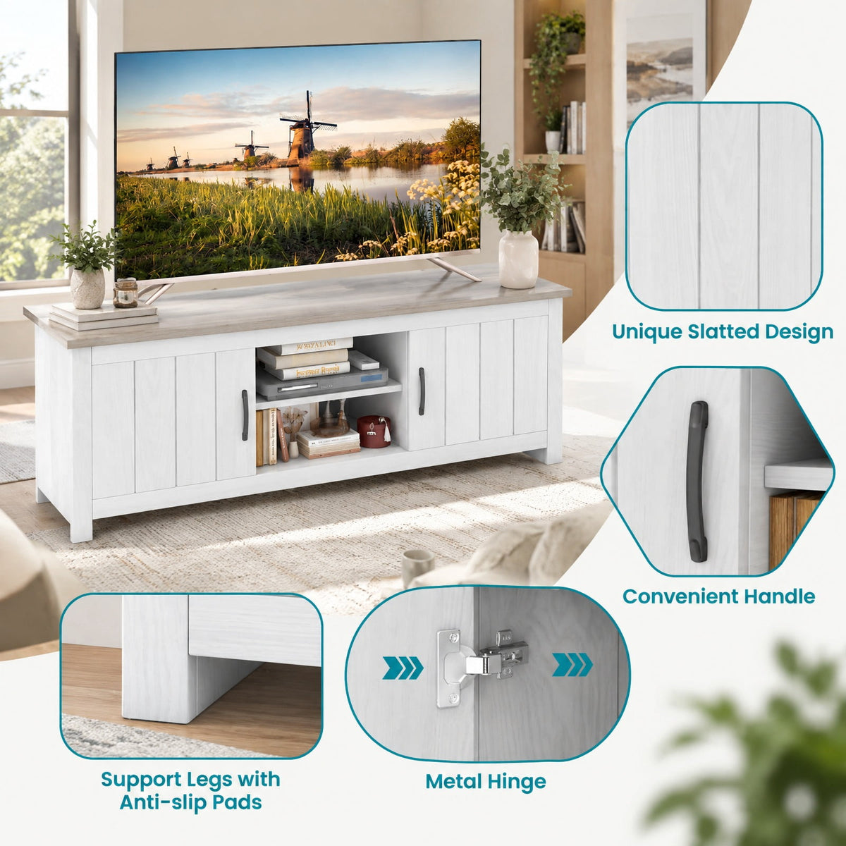 Airfind TV Stand with 2 Cabinets and Open Shelves for TVs up to 65 Inch, 410 lbs Capacity, Engineered Wood Frame, 57 x 15.5 x 19.5 Footprint
