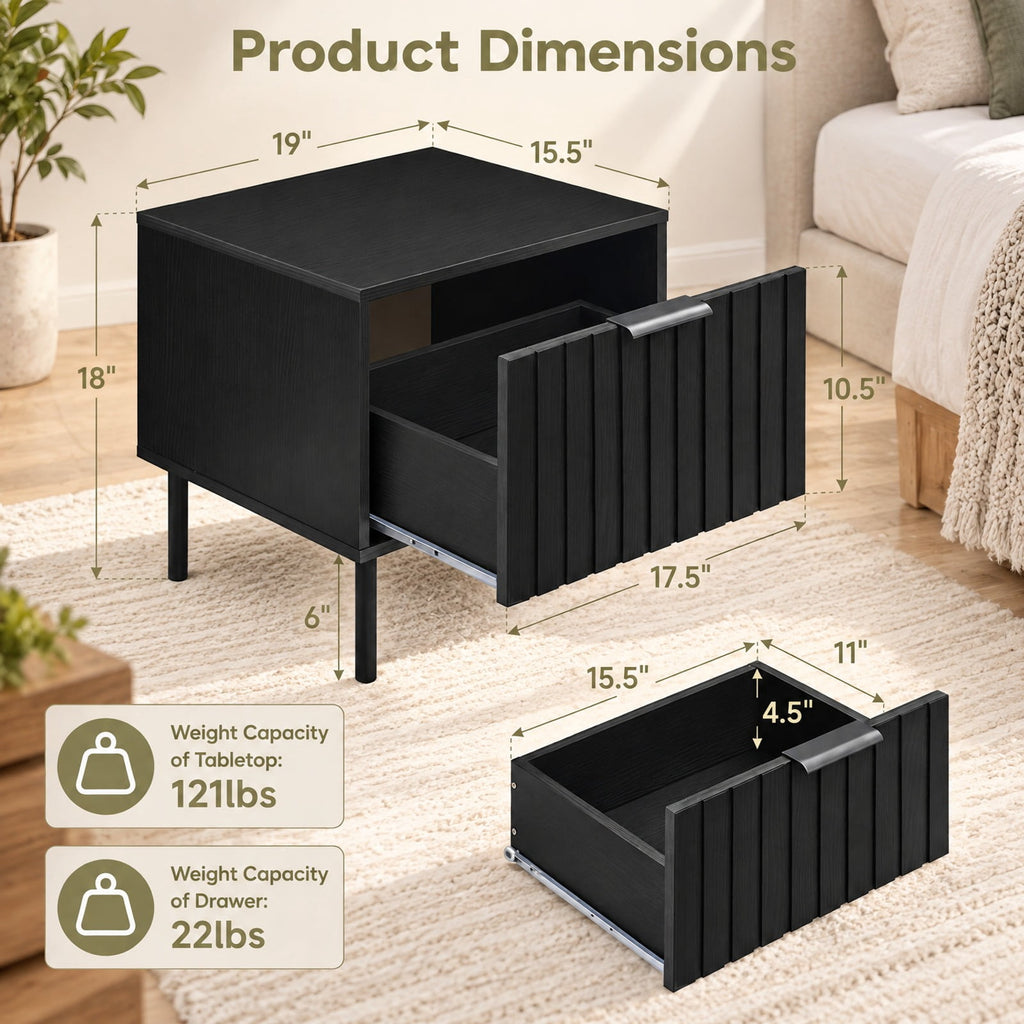 Airfind Set of 2 Black Modern Nightstand with Vertical-Striped Storage Drawer, 121lbs Capacity, Engineered Wood Metal PVC Frame, Black