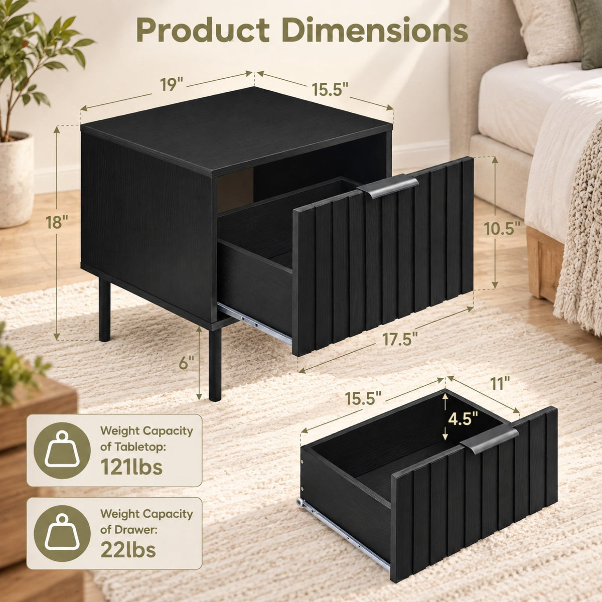 Airfind Set of 2 Black Modern Nightstand with Vertical-Striped Storage Drawer, 121lbs Capacity, Engineered Wood Metal PVC Frame, Black