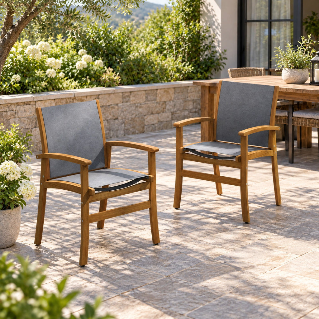 Airfind Set of 2 Patio Dining Chairs with Breathable Fabric and Acacia Wood Frame, Chair 400 lbs Capacity, Acacia Wood Fabric Frame, Wood