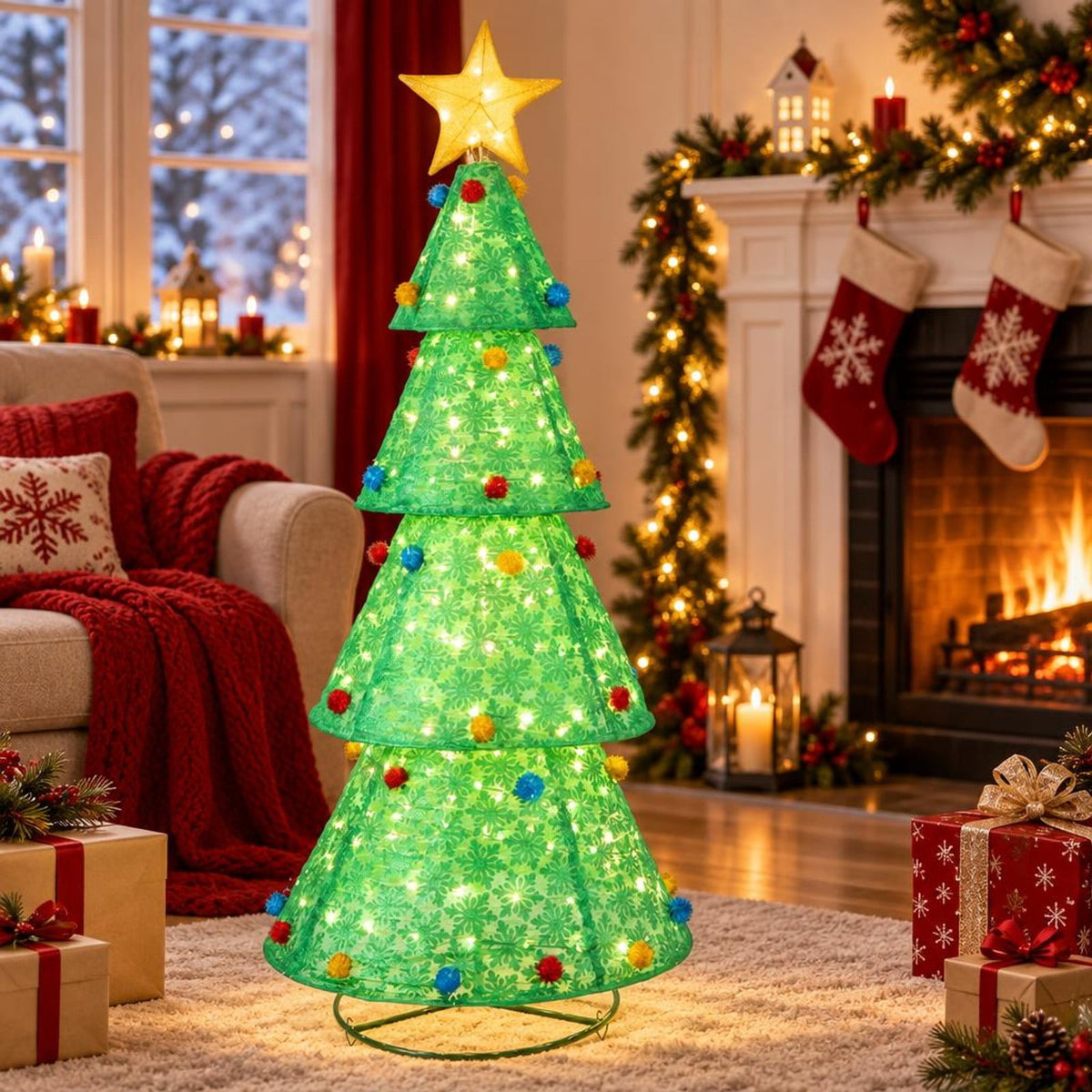 Airfind Pop-Up Christmas Tree with 200 Warm White LED Lights for Indoors Outdoors, Nylon Metal Tree Height: 6.5 ft Tree Width: 2.7 ft Frame, White