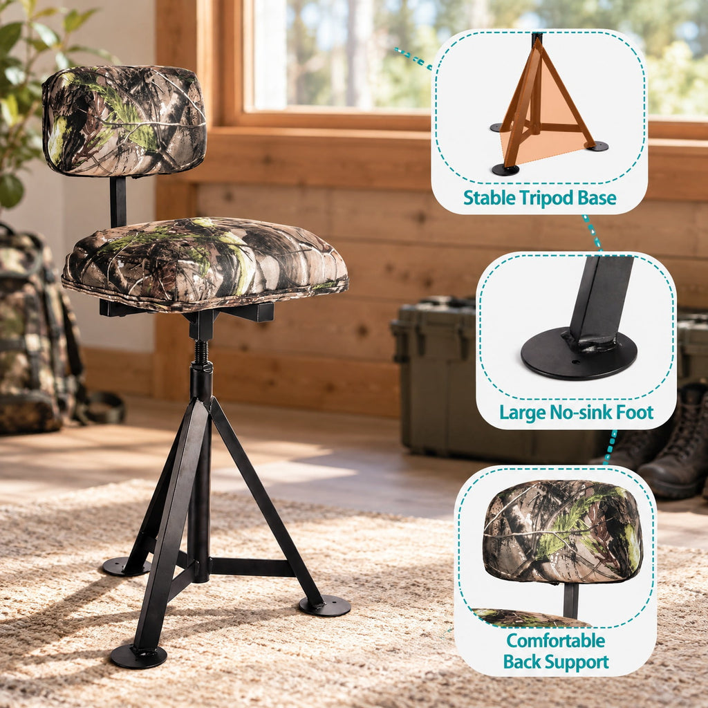 Airfind Swivel Hunting Chair Tripod Blind Stool with Detachable Backrest, 330 lbs Capacity, Steel fabric Frame, 16 Inch x 15 Inch x 30 Inch -38.5 Inch Footprint