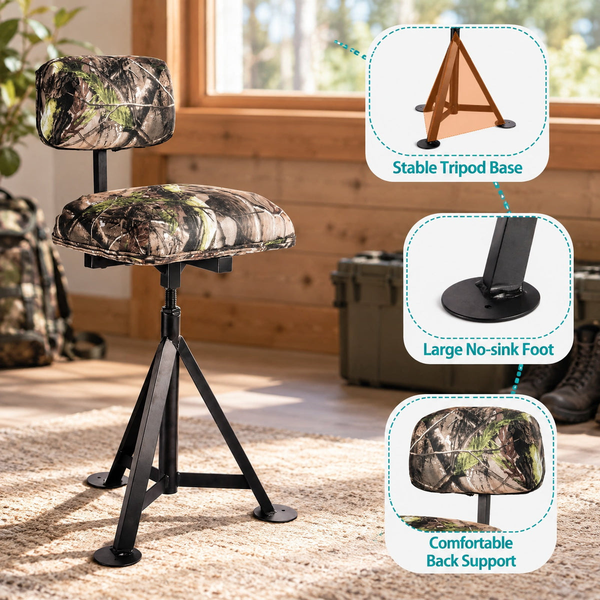 Airfind Swivel Hunting Chair Tripod Blind Stool with Detachable Backrest, 330 lbs Capacity, Steel fabric Frame, 16 Inch x 15 Inch x 30 Inch -38.5 Inch Footprint