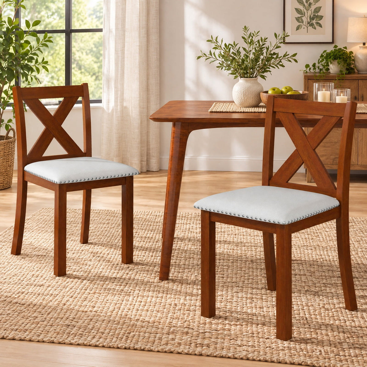 Airfind Wooden Dining Chair Set of 2 with Padded Seat and Curved Back, 420 lbs Capacity, Acacia Wood Plywood Linen Fabric Sponge Frame, Beige