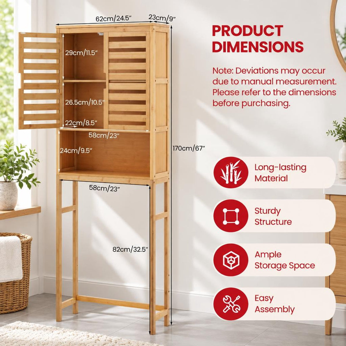 Airfind Bamboo Over The Toilet Storage Cabinet Bathroom with Adjustable Shelf, Bamboo MDF Frame, Natural