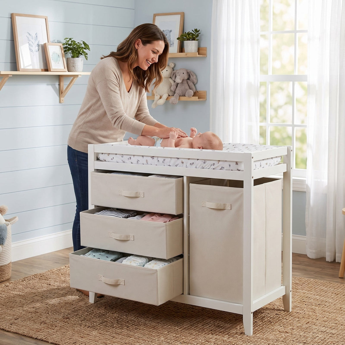 Airfind Wooden Baby Changing Table Diaper Changing Station with 3 Fabric Storage Drawers, 30 lbs Capacity, Engineered Wood Pine PEVA Foam Frame