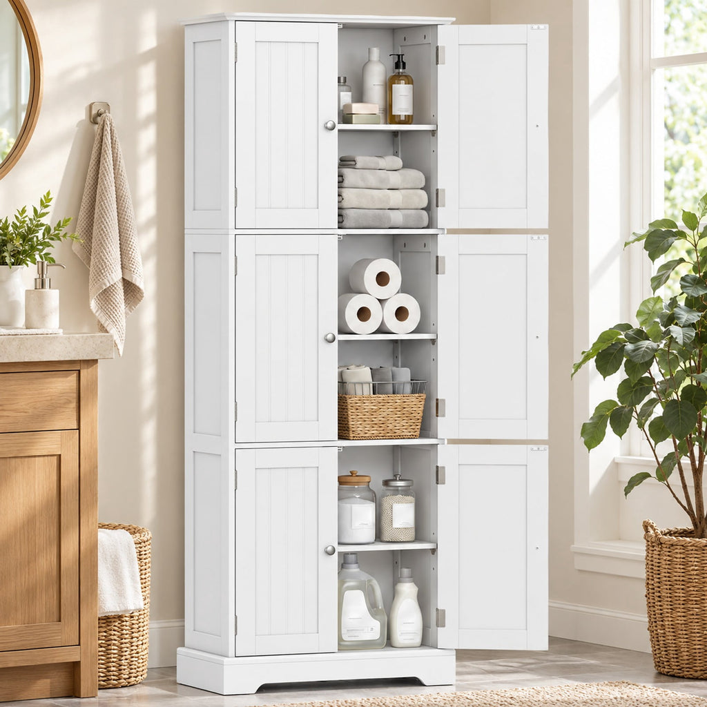 Airfind 63 Inch Tall Bathroom Storage Cabinet with 6 Doors and Adjustable Shelves, 44 lbs Capacity, Engineered Wood Frame, White