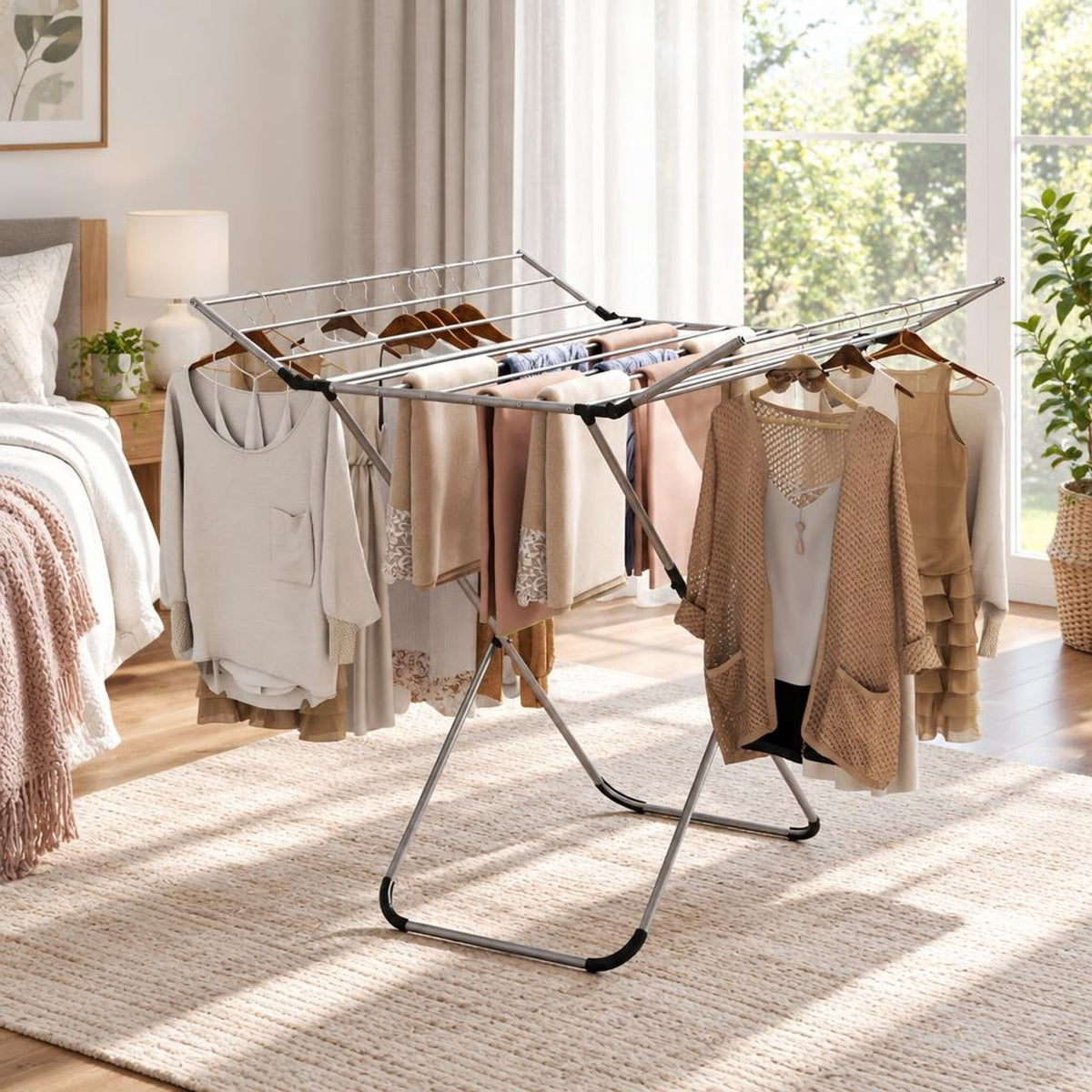 Airfind Folding Aluminum Clothes Drying Rack with 2 Side Wings, 26.5 lbs Capacity, Aluminum Plastic Frame, 41 x 37 x 41 Footprint, Silver