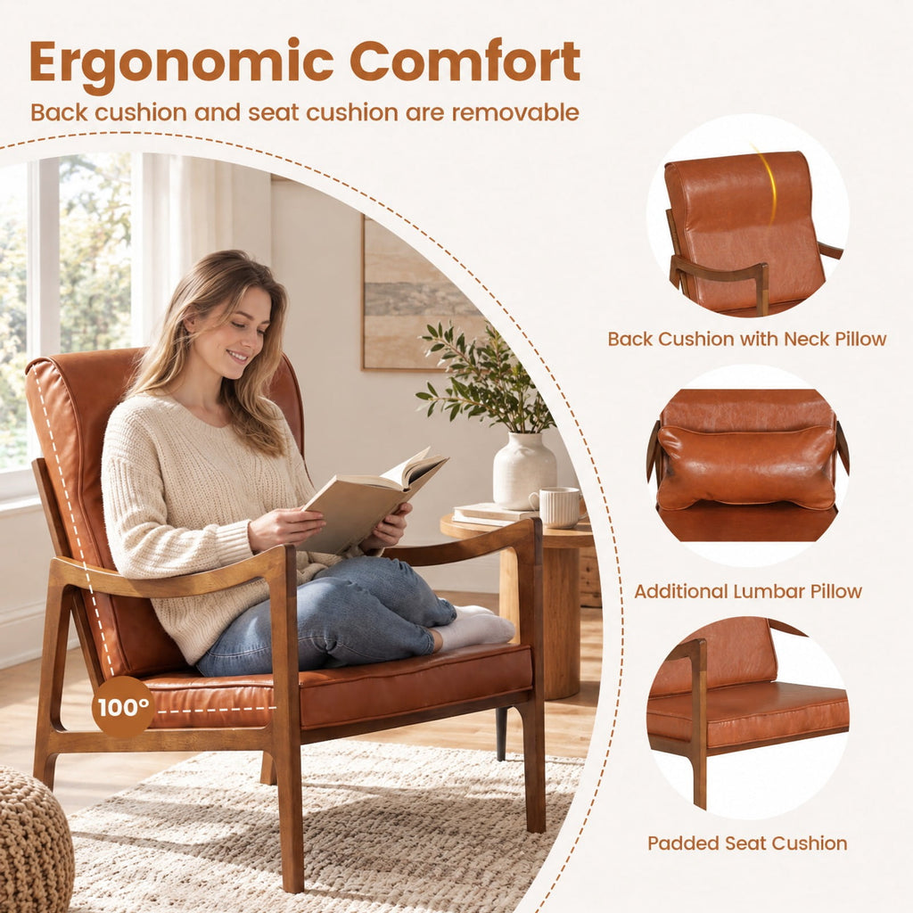 Airfind Modern Accent Chair with Solid Rubber Wood Faux Leather Upholstered Armchair, 400 lbs Capacity, 34.5 x 25.5 x 35 Footprint, Brown