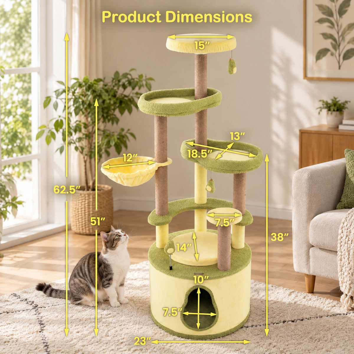 Airfind Large Avocado Cat Tree Multi-level Cat Tower with Private Condo, Green, Detachable soft cushion for added coziness