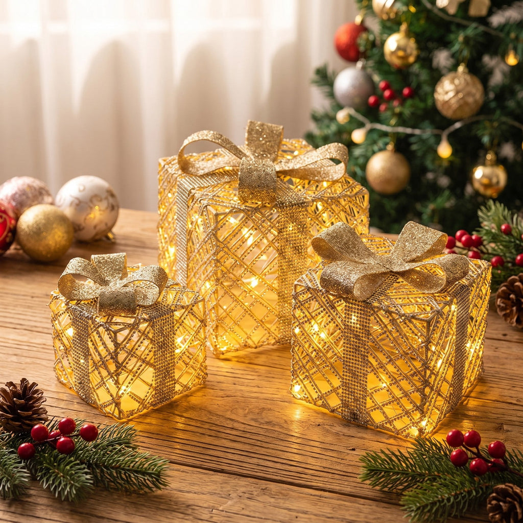 Airfind 3 Pack Christmas Lighted Gift Box with 50 LED Lights and Detachable Bows, PVC Metal Frame, 10in x 10in x 9in Footprint, White