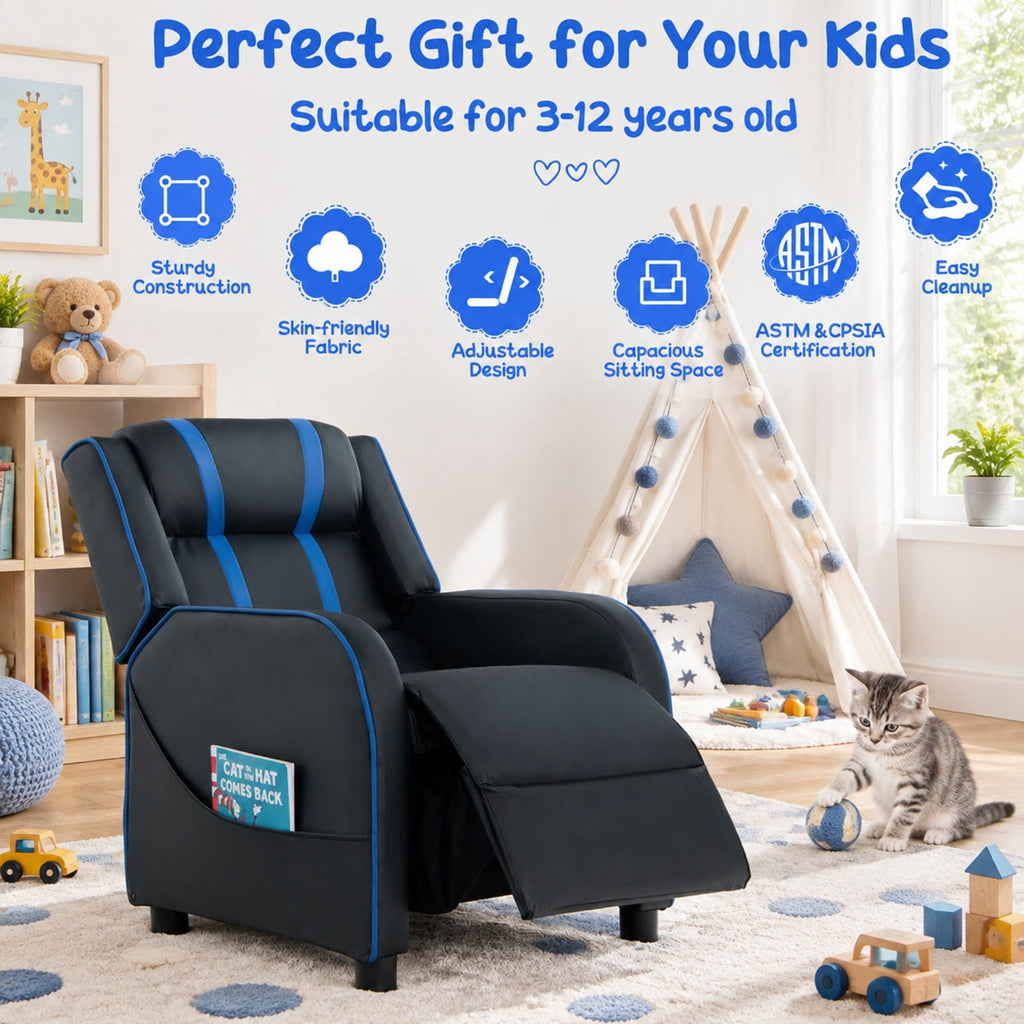 Airfind Kids Recliner Chair with Side Pockets and Footrest, 110 lbs Capacity, Sponge PU leather wood steel plastic Frame, Blue