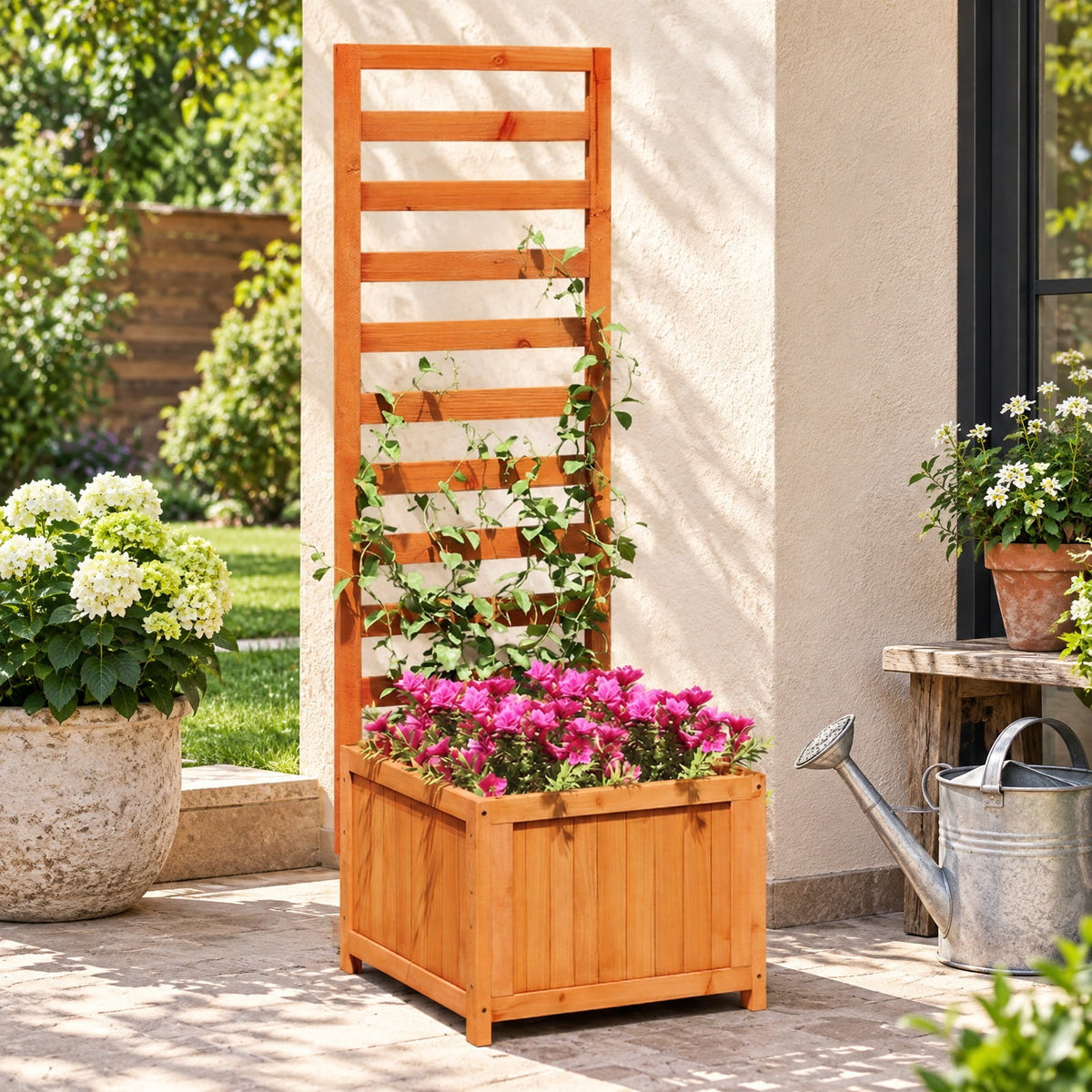 Airfind 48 Inch Wood Raised Garden Bed with Trellis with Drainage Holes, 44 lbs Capacity, Wood Frame, 17 Inch x 16 Inch x 48 Inch Planter Box Interior Footprint