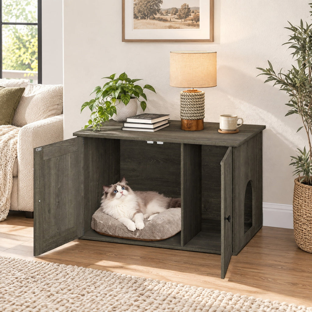 Airfind Hidden Cat Litter Box Enclosure Furniture with Divider, Oak, Large tabletop for plants decorations or storage, Oak/White, for Easy Setup