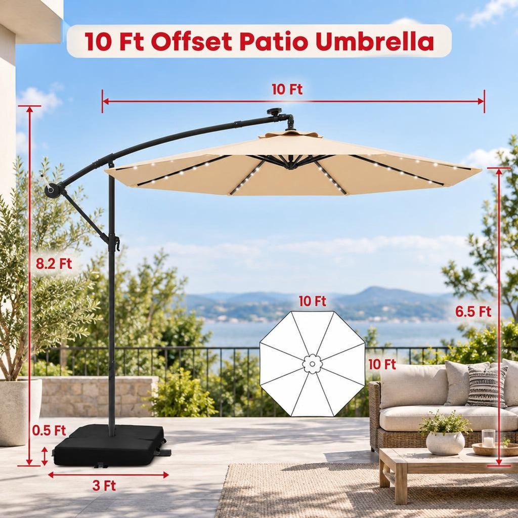 Airfind 10 Feet Cantilever Umbrella with 32 LED Lights and Solar Panel Batteries, Polyester Fabric Metal Oxford Fabric Frame, Beige