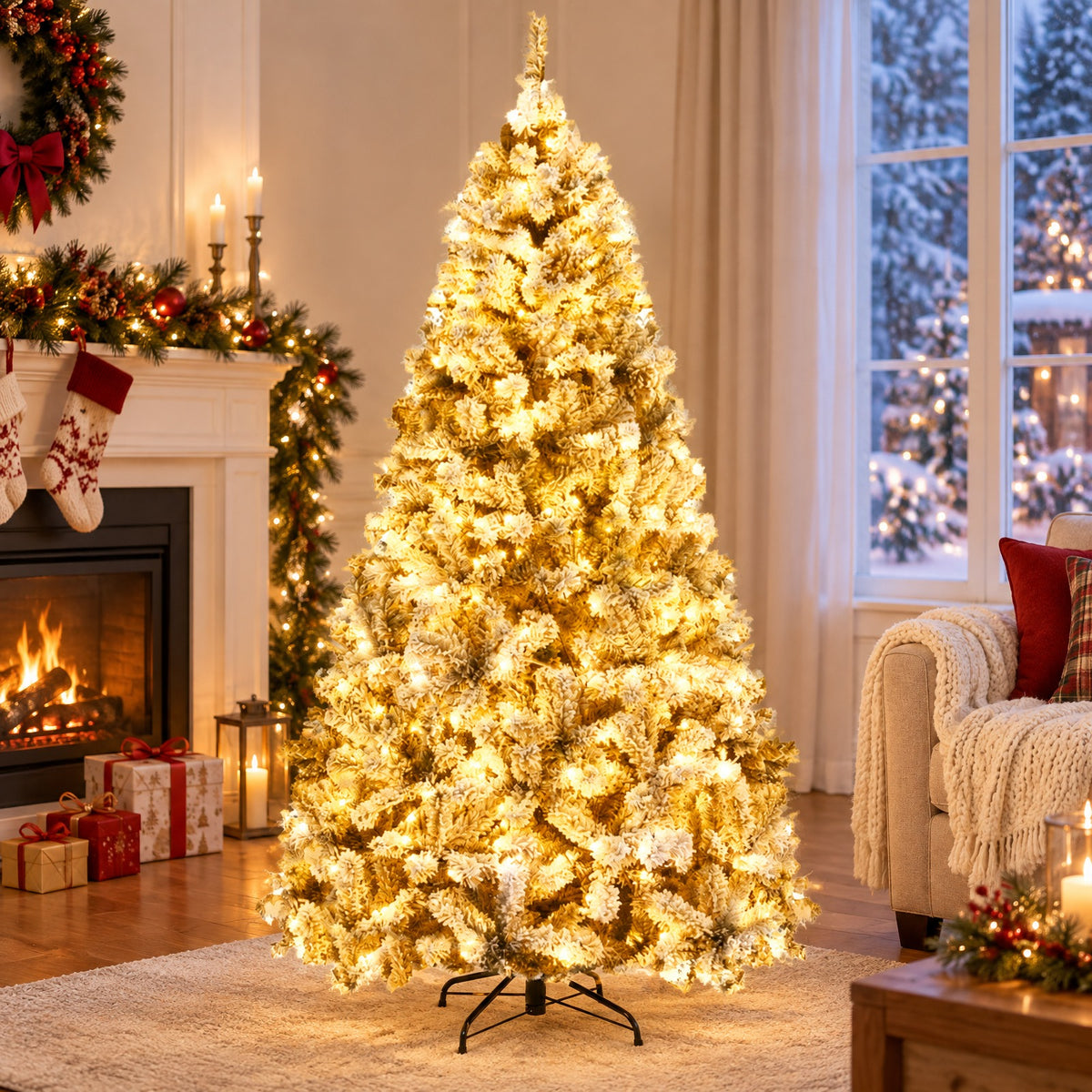 Airfind Pre-Lit Premium Snow Flocked Hinged Artificial Christmas Tree-7.5 ft, White and Green, True-to-life appearance with wintry flocking