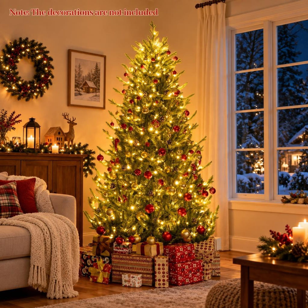 Airfind Pre-Lit Artificial Christmas Tree with Multicolored LED Lights, PE PVC Metal Frame, Size S 3.4 x 6 ft Footprint, Green