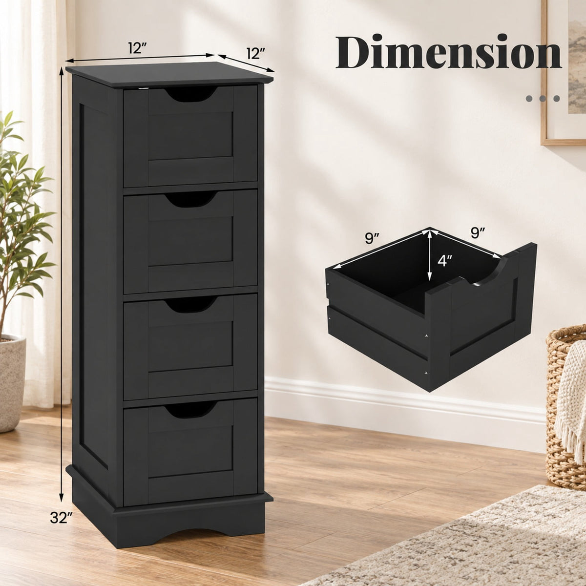Airfind Bathroom Storage Cabinet featuring Cutout Handles and 4 Drawers, 33 lbs Capacity, MDF Frame, 12 Inch x 12 Inch x 32 Inch Footprint, Black