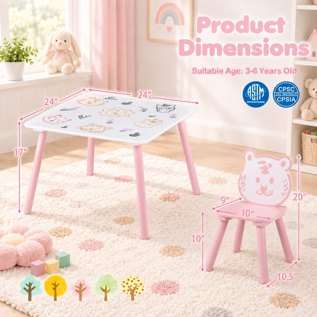 Airfind 3 Pieces Kids Table and Chairs Set with Animal Patterns for Kids, 44 lbs Capacity, Pine Wood Frame, for 3-6 Years Old