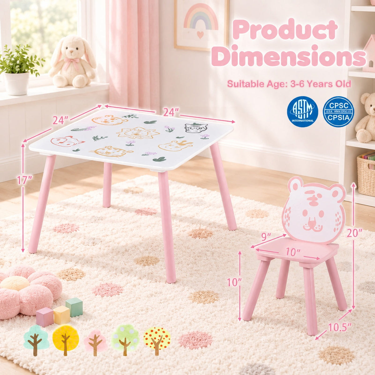 Airfind 3 Pieces Kids Table and Chairs Set with Animal Patterns for Kids, 44 lbs Capacity, Pine Wood Frame, for 3-6 Years Old