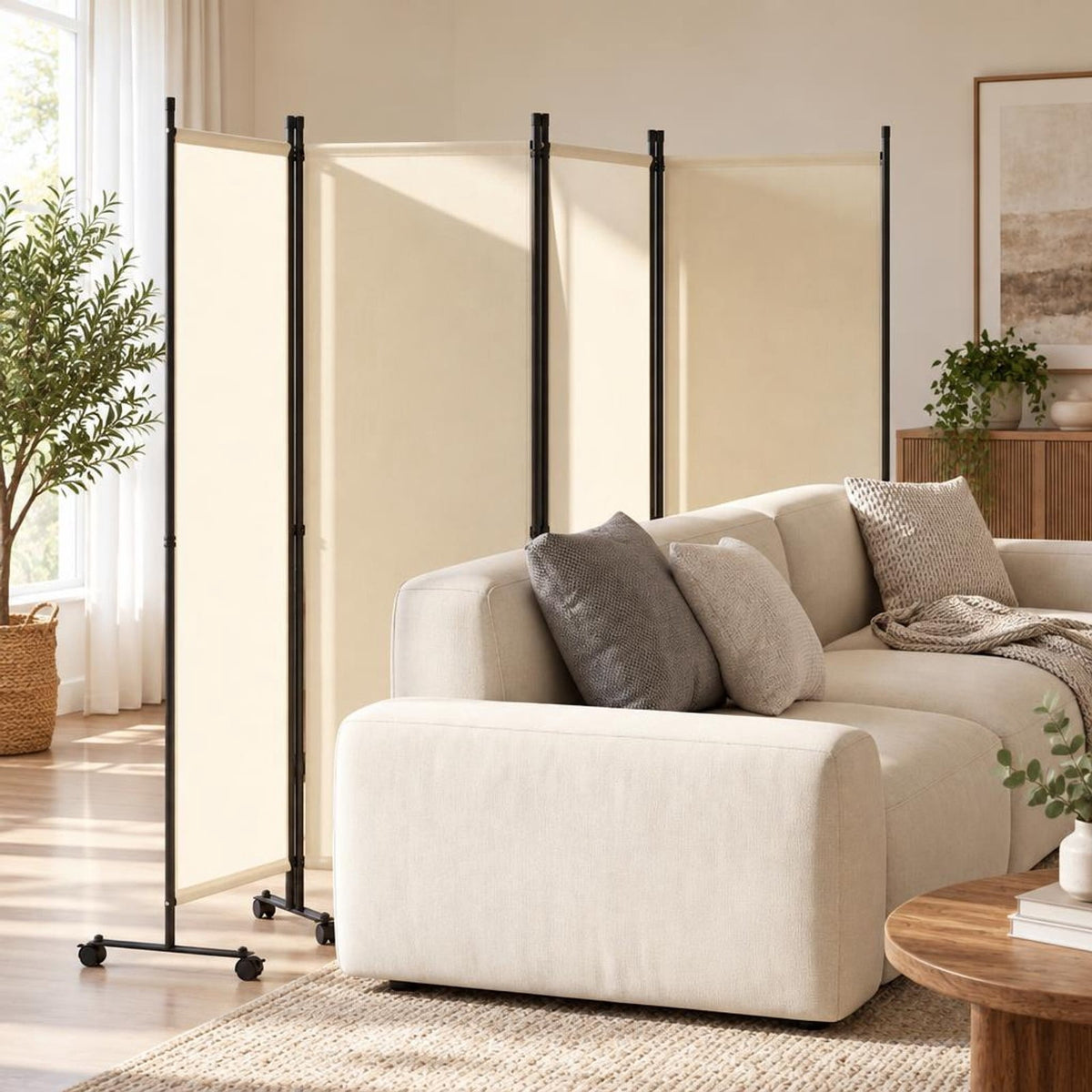 Airfind 4-Panel Room Divider with Lockable Wheels for Living Room, Polyester Fabric Metal Frame, 87in x 14in x 68in Footprint, Beige
