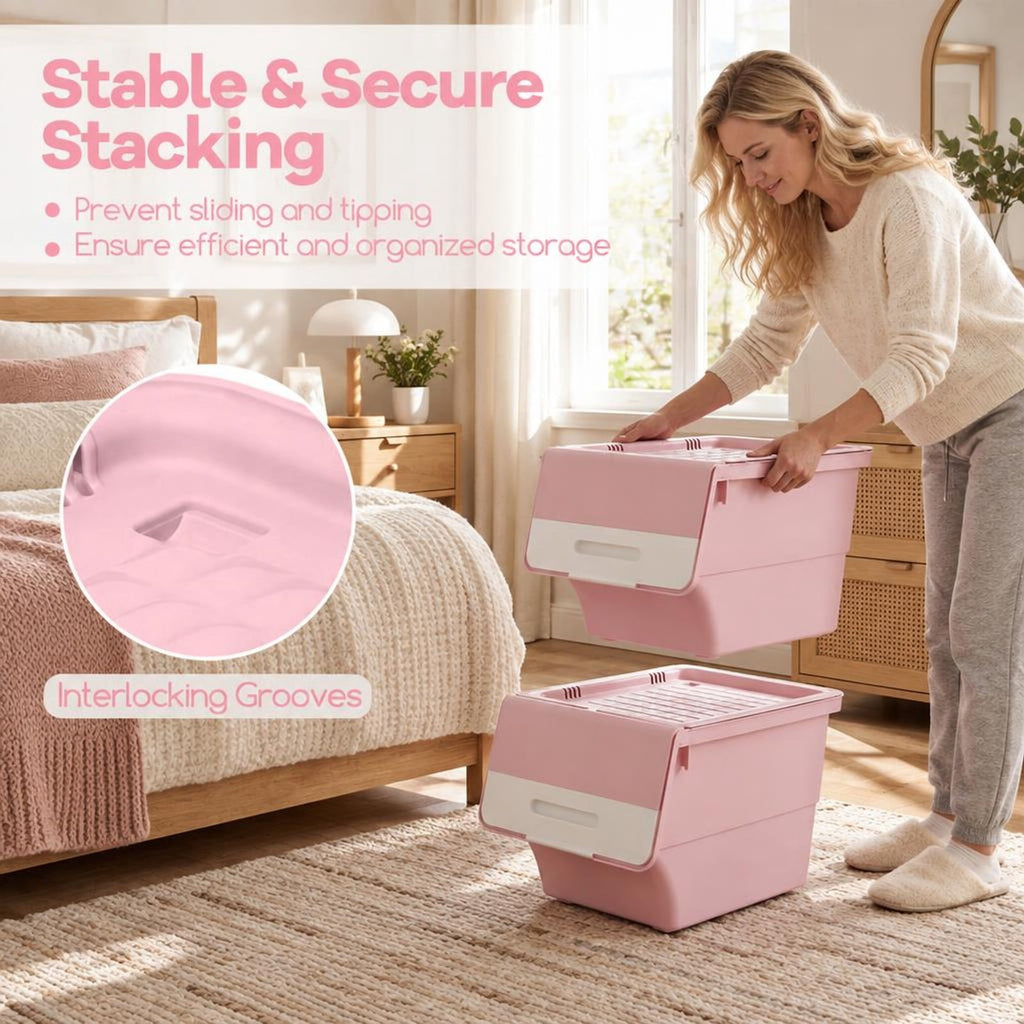 Airfind 3 Pieces Storage Bins on Wheels Stackable Plastic Boxes with Stay-Open Lid (S), 13 lbs Capacity, PP Frame, Pink
