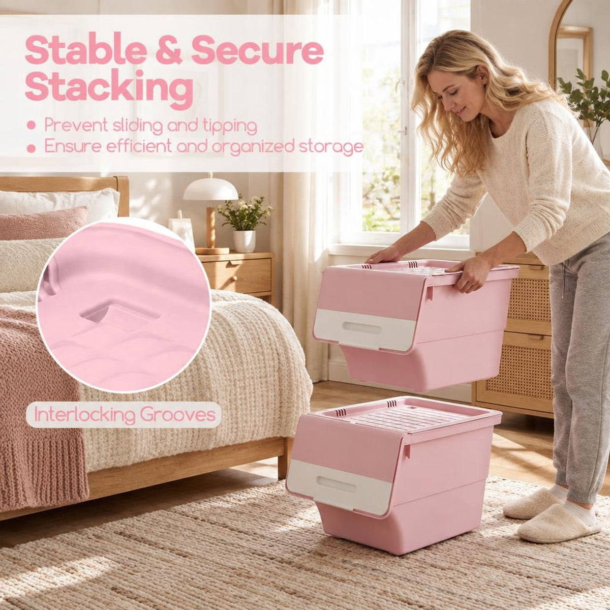 Airfind 3 Pieces Storage Bins on Wheels Stackable Plastic Boxes with Stay-Open Lid (S), 13 lbs Capacity, PP Frame, Pink