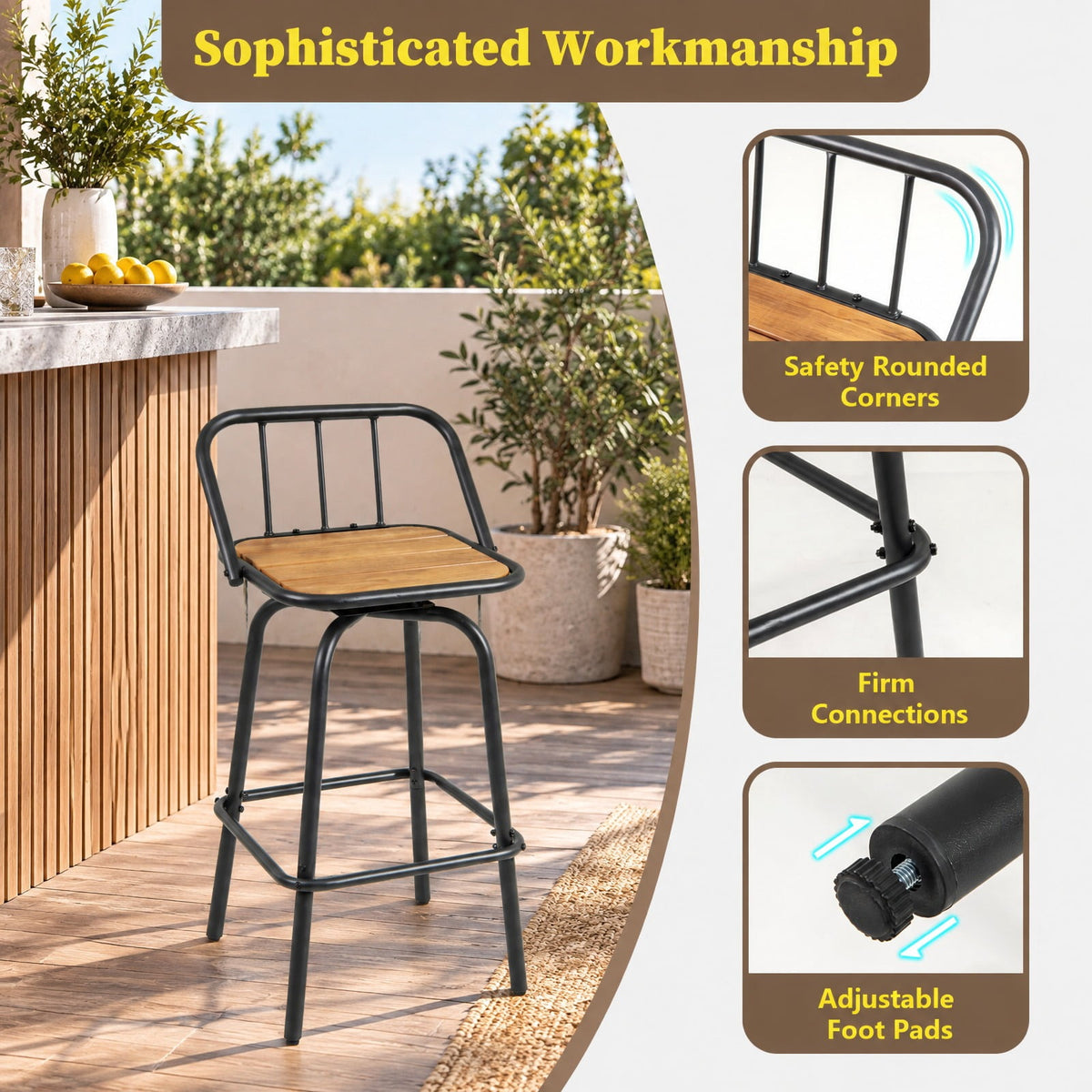 Airfind 360° Swivel Bar Stool Set of 2 with Footrest and Backrest-Balck and Natural, 275 lbs Capacity, Plastic Wood Metal Frame, Natural