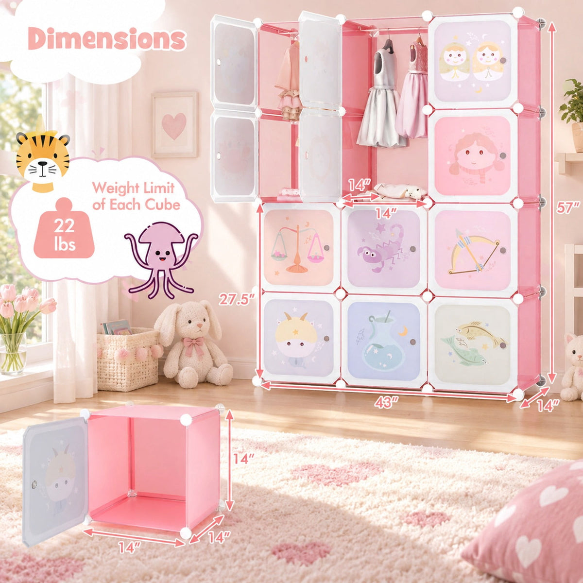 Airfind 12 Cube Kids Wardrobe Closet with Hanging Section and Doors, PP Metal Frame, 43 Inch x 14 Inch x 57 Inch Footprint, Pink