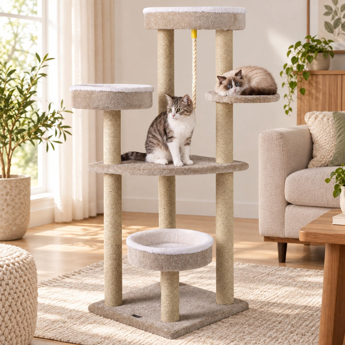 Airfind 51inCarpeted Cat Tree with Comfy Plush Perches for Indoor Cats, 33 lbs Capacity, Beige, Size 19.5in x 19.5in Top Perch